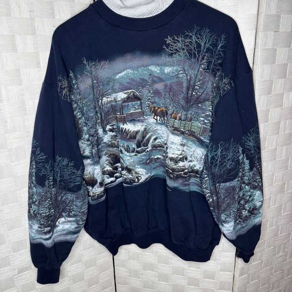 Art Unlimited Other - Vintage Art Unlimited Winter Horse Sceec All Over Print Mock Neck Sweatshirt XL